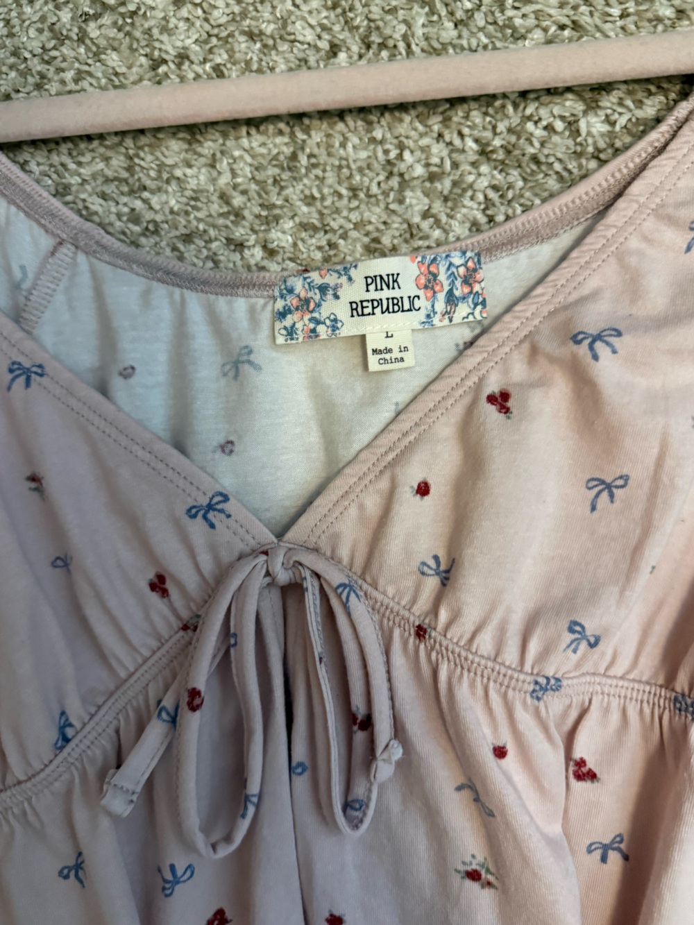 NWOT Pink Republic Pink Crop top Shirtwith Blue Bows & Red Cherry Motif